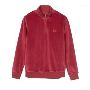 Stussy Velour LS Zip Mock Pullover Maroon Burgundy Quarter Zip Streetwear L‎ Y2K